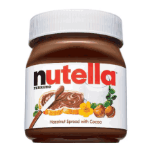 a jar of nutella hazelnut spread with cocoa with a knife in it