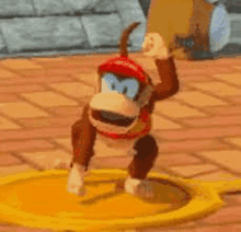 a cartoon monkey is standing on top of a yellow circle on a brick floor .