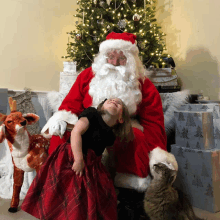 a little girl sitting on santa 's lap with a stuffed deer