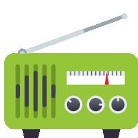 an illustration of a green radio with a red arrow pointing to the left