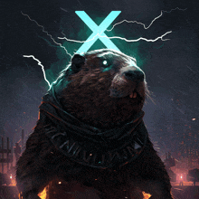 a painting of a beaver with a blue x above it