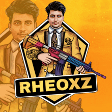 a logo for rheoxz shows a man holding a rifle