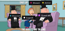 a cartoon shows a man and woman sitting on a couch with a sign that says " the adults are talking "