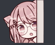 a drawing of a girl with pink hair and glasses peeking out from behind a wall