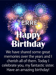 a happy birthday card with fireworks and the name terre