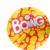 a yellow and red circle with the word boing on it