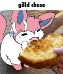 a cartoon character is eating a piece of bread .