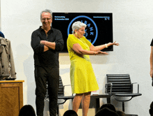 a woman in a yellow dress is standing in front of a tv screen that says ' aak '