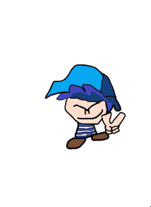 a cartoon of a boy wearing a blue hat and giving a peace sign .