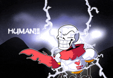 a cartoon of a skeleton with lightning and the words human written above him