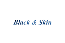 a white background with the words black & skin written in blue