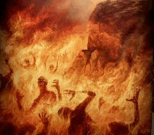 a painting of a group of people in a hellfire with their hands in the air .