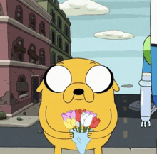 a cartoon character is holding a bouquet of flowers in his hands