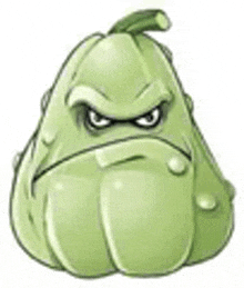 a cartoon drawing of a green pear with an angry face .