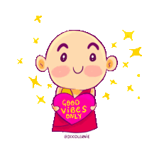 a cartoon drawing of a bald man holding a heart that says good vibes only