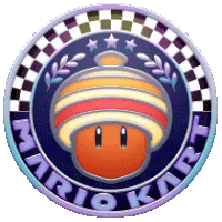 a mario kart logo with a mushroom wearing a beanie