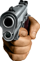 a hand holding a gun with a red grip