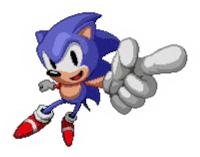 sonic the hedgehog is flying through the air and pointing at something .