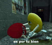 two m & m 's are standing next to each other in a hallway with the words es por tu bien on the bottom .