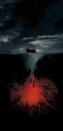 a painting of a volcano erupting in the ocean at night .