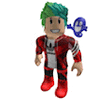 a roblox character with green hair is wearing a red jacket and red pants and has a blue ghost on his head .