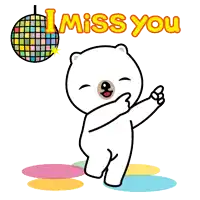 a cartoon bear is dancing in front of a disco ball with the words " i miss you " written on it