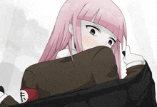 a girl with pink hair is wearing a black jacket with a red armband that says ' t ' on it