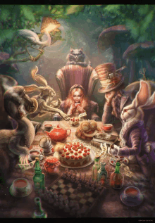 a painting of alice in wonderland surrounded by rabbits