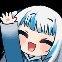 a cartoon girl with white hair and blue eyes is waving her hand in the air .