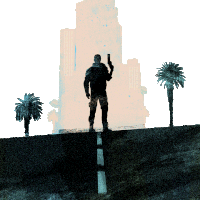 a silhouette of a man holding a gun with palm trees in the foreground