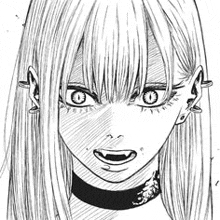 it is a black and white drawing of a girl with long hair and a choker .