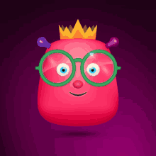 a pink cartoon character with glasses and a crown on his head