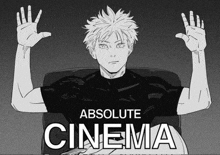 a black and white drawing of a man sitting in a chair with the words absolute cinema below him