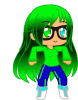 a cartoon girl with green hair and glasses is wearing a green shirt and blue pants