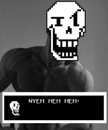 a man with a pixelated skull on his face and the words nyeh heh heh on the bottom