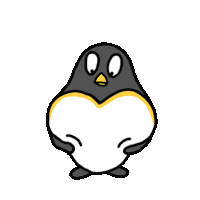 a black and white penguin with a yellow beak is standing with its hands on its hips on a white background .