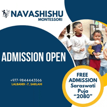 an advertisement for navashishu montessori shows a group of kids