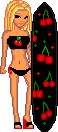 a pixel art illustration of a woman in a bikini holding a surfboard with cherries on it .