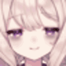 a close up of a pink anime girl with purple eyes .