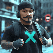 a man wearing headphones and a t-shirt with an x on it