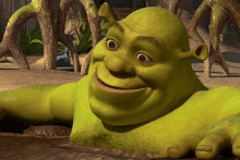 shrek from the movie shrek is laying on the ground and smiling