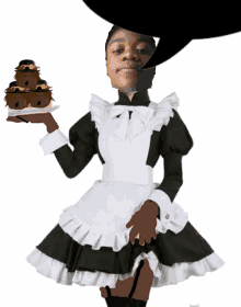 a maid in a black and white dress is holding a tray of food