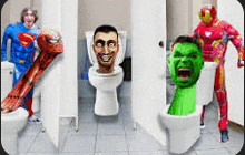 a man in a superhero costume is standing next to a toilet .