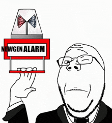 a cartoon of a man holding a red sign that says newgen alarm