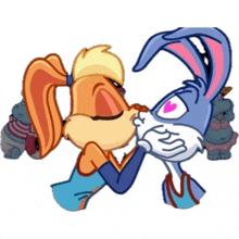 a cartoon of bugs bunny and lola bunny kissing each other on a white background .