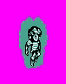 a pixel art of a zombie walking on a pink background