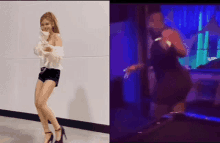 a woman is dancing on a treadmill next to a man in a black dress .