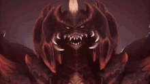 a monster with horns and sharp teeth is standing in front of a fire