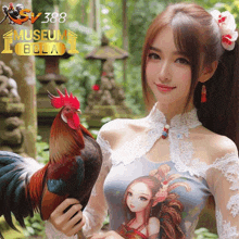 a woman is holding a rooster in front of a museum bola logo