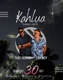 a poster for kahlua summer nights shows two men